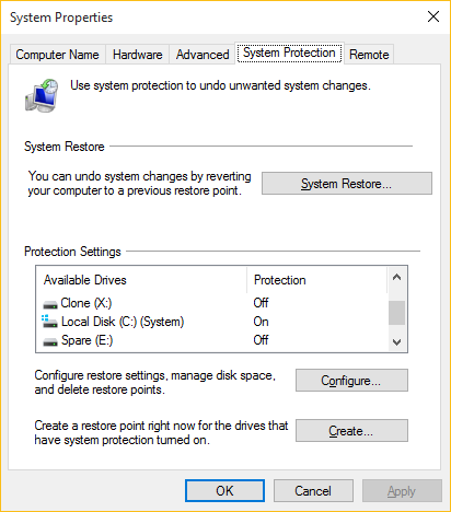 System Restore dialogue box